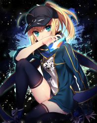 Rule 34 | 1girl, ahoge, aqua eyes, artoria pendragon (fate), baseball cap, black legwear, blonde hair, blue scarf, cellphone, commentary, covered mouth, fate (series), gym uniform, hat, highres, holding, holding phone, iphone, iphone x, jacket, knee up, long hair, looking at viewer, mysterious heroine x (fate), name tag, open clothes, open jacket, phone, ponytail, rojiura satsuki: chapter heroine sanctuary, sakura yuki (clochette), scarf, sidelocks, sitting, smartphone, solo, thighs, tsurime