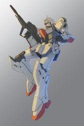 Rule 34 | absurdres, blue eyes, clenched hand, floating, gradient background, gun, gundam, highres, holding, holding gun, holding weapon, mecha, mobile suit, no humans, robot, science fiction, solo, takahashi masaki, v-fin, v gundam, victory gundam, weapon