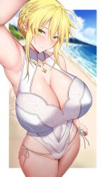 Rule 34 | 1girl, absurdres, ahoge, arind yudha, arm up, armpits, artoria pendragon (all), artoria pendragon (fate), artoria pendragon (swimsuit ruler) (fate), artoria pendragon (swimsuit ruler) (second ascension) (fate), bare shoulders, beach, blonde hair, blush, braid, breasts, cleavage cutout, clothing cutout, fate/grand order, fate (series), french braid, green eyes, hair between eyes, hair bun, highleg, highleg swimsuit, highres, large breasts, long hair, looking at viewer, one-piece swimsuit, shore, sidelocks, solo, swimsuit, thighs, white one-piece swimsuit