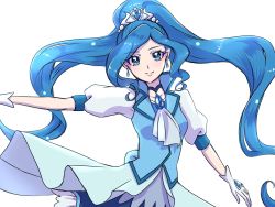 Rule 34 | 1girl, blue eyes, blue hair, blue jacket, blue skirt, commentary request, cure fontaine, earrings, eyelashes, fpminnie1, gloves, hair ornament, healin&#039; good precure, highres, jacket, jewelry, long hair, looking at viewer, magical girl, miniskirt, multicolored clothes, multicolored skirt, parted bangs, ponytail, precure, sawaizumi chiyu, short sleeves, simple background, sketch, skirt, smile, solo, very long hair, white background, white gloves, white skirt, white sleeves
