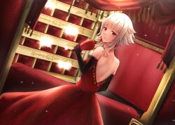 Rule 34 | 1girl, back, curtains, dress, earrings, elbow gloves, fire emblem, fire emblem heroes, floral print, gloves, grey hair, hand fan, holding, holding fan, indoors, jewelry, light particles, long dress, looking at viewer, nei (aduma1120ponpon), nintendo, official alternate hairstyle, red eyes, short hair, sidelocks, smile, tagme, tassel, theater, veronica (fire emblem)