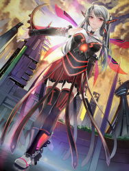 Rule 34 | 1girl, absurdres, cityscape, dutch angle, from below, grey hair, highres, mecha musume, okingjo, pleated skirt, red eyes, robot ears, skirt, thighhighs, wings, zettai ryouiki