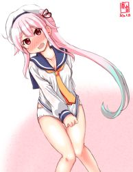 Rule 34 | artist logo, blue hair, blue sailor collar, blush, commentary request, cosplay, covering crotch, covering privates, cowboy shot, dated, dress, embarrassed, gradient hair, harusame (kancolle), highres, kanon (kurogane knights), kantai collection, long hair, looking at viewer, multicolored hair, neckerchief, nose blush, panties, pink hair, red eyes, ribbon, sailor collar, sailor dress, short dress, side ponytail, simple background, solo, undersized clothes, underwear, white background, white panties, yellow neckerchief, yukikaze (kancolle), yukikaze (kancolle) (cosplay)