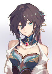 Rule 34 | 1girl, absurdres, aqua dress, aqua eyes, bare shoulders, bead necklace, beads, black hair, breasts, brooch, chinese clothes, cleavage, commentary request, detached collar, dress, gradient background, grey background, hair between eyes, highres, honkai: star rail, honkai (series), jewelry, long hair, looking at viewer, lqk (pixiv 40481191), medium breasts, necklace, ruan mei (honkai: star rail), short sleeves, smile, solo, strapless, strapless dress, upper body
