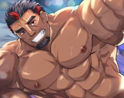 Rule 34 | 1boy, abs, bara, beard, dark-skinned male, dark skin, facial hair, goatee, grin, highres, large pectorals, live a hero, looking at viewer, lying, male focus, mature male, muscular, muscular male, mustache stubble, nipples, on side, pectorals, polaris mask (live a hero), ramusyutarou, sanpaku, selfie, short hair, smile, solo, stubble, sweat, thick beard, thick eyebrows, upper body