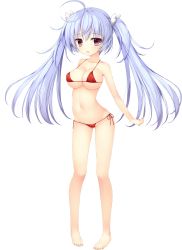 Rule 34 | 1girl, barefoot, bikini, blue hair, breasts, covered erect nipples, full body, haruoto alice gram, highres, kanzaki erisa, large breasts, light blue hair, long hair, mitha, navel, official art, open mouth, red bikini, red eyes, side-tie bikini bottom, solo, swimsuit, transparent background, twintails