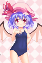Rule 34 | 1girl, bad id, bad pixiv id, bat wings, blue hair, child, competition school swimsuit, hakuto (28syuku), hand on own chest, hat, looking at viewer, mob cap, one-piece swimsuit, red eyes, remilia scarlet, school swimsuit, short hair, smile, solo, standing, swimsuit, touhou, vampire, wings