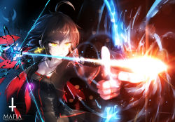 Rule 34 | 1girl, arrow (projectile), black dress, black hair, bow (weapon), drawing bow, dress, earrings, glowing, glowing weapon, highres, holding bow (weapon), jacket, jewelry, long sleeves, open clothes, open jacket, pixiv fantasia, pixiv fantasia t, qys3, revision, solo, tian ye (qys3), weapon, yellow eyes