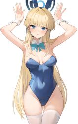 Rule 34 | 1girl, absurdres, animal ears, armpits, arms up, bare shoulders, blonde hair, blue archive, blue eyes, bow, bowtie, breasts, covered navel, detached collar, earpiece, fake animal ears, halo, highres, karacak, large breasts, leotard, long hair, looking at viewer, playboy bunny, rabbit ears, simple background, solo, strapless, strapless leotard, thigh gap, thighhighs, toki (blue archive), toki (bunny) (blue archive), white wrist cuffs, wrist cuffs