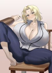 Rule 34 | 1girl, alcohol, bottle, breasts, cleavage, highres, holding, holding bottle, looking at viewer, mik4 xx, naruto (series), sitting, solo, tsunade (naruto)