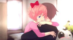 Rule 34 | 1boy, 1girl, animated, animated gif, black shirt, blue eyes, bow, crying, doki doki literature club, closed eyes, hair bow, hair ornament, half-closed eyes, hug, indoors, long sleeves, open mouth, pink hair, pink shirt, protagonist (doki doki literature club), red bow, sad, sayori (doki doki literature club), shirt, short hair, slothitice, standing, tears, upper body