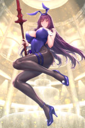 Rule 34 | 1girl, animal ears, bare shoulders, blush, breasts, bridal garter, cleavage, detached collar, fake animal ears, fate/grand order, fate (series), fishnet pantyhose, fishnets, gae bolg (fate), hair between eyes, high heels, highleg, highleg leotard, large breasts, leotard, long hair, looking at viewer, pantyhose, playboy bunny, polearm, purple hair, purple leotard, rabbit ears, red eyes, scathach (fate), scathach (piercing bunny) (fate), solo, spear, weapon, wrist cuffs, zucchini