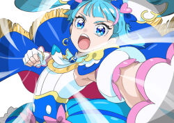 Rule 34 | 1girl, absurdres, ahoge, blue cape, blue eyes, blue hair, brooch, cape, cure sky, detached sleeves, earrings, fingerless gloves, gloves, highres, hirogaru sky! precure, incoming attack, incoming punch, jewelry, looking at viewer, magical girl, multicolored cape, multicolored clothes, open mouth, precure, puffy detached sleeves, puffy sleeves, punching, red cape, single earring, single sidelock, solo, sora harewataru, tsukikage oyama, twintails, two-sided cape, two-sided fabric, white gloves, wing brooch