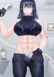 Rule 34 | 1girl, abs, bare shoulders, bathroom, black gloves, black hair, black pants, black shirt, blue archive, blue eyes, bottle, breasts, closed mouth, commentary request, cover, cover page, cowboy shot, crop top, frown, gloves, gluteal fold, groin, halo, highres, holding, holding bottle, holding shower head, indoors, kitayuki kajika, large breasts, long hair, looking at viewer, midriff, navel, no mask, pants, saori (blue archive), second-party source, shadow, shirt, shower head, sleeveless, sleeveless shirt, soap bottle, solo, standing, textless version, towel