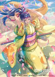 Rule 34 | 1boy, animal, arms up, bisaiiiii, blue hair, blunt bangs, closed mouth, commentary request, copyright name, dark blue hair, falling petals, floating hair, hair ribbon, hands in own hair, japanese clothes, kikunojo (one piece), kimono, komachiyo, lion, looking up, male focus, obi, official art, on animal, one piece, one piece card game, petals, pink ribbon, ponytail, ribbon, sash, sidelocks, sky, sword, weapon, wide sleeves, yellow kimono