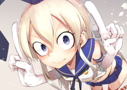 Rule 34 | 10s, 1girl, :&gt;, absurdres, anchor hair ornament, black panties, blonde hair, blue eyes, close-up, commentary, constricted pupils, elbow gloves, gloves, hair ornament, highres, kantai collection, long hair, looking at viewer, machinery, microskirt, midriff, navel, panties, perspective, pointing, pointing up, sakurai energy, shimakaze (kancolle), skirt, smile, solo, striped clothes, striped thighhighs, thighhighs, translated, underwear, wide-eyed