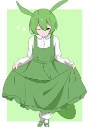 Rule 34 | 1girl, ;3, absurdres, animal ears, border, bowing, buttons, cel shading, closed mouth, collared shirt, commentary request, curtsey, dress, full body, green background, green dress, green footwear, green hair, green tail, hair between eyes, highres, long hair, long sleeves, looking at viewer, one eye closed, outside border, partial commentary, pinafore dress, polimaru, shirt, shoes, simple background, skirt hold, sleeveless, sleeveless dress, socks, solo, sparkle, standing, tail, voiceroid, voicevox, white border, white shirt, white socks, yellow eyes, zundamon