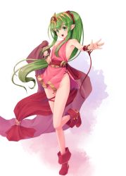 Rule 34 | 1girl, :d, armpit peek, bare legs, bracelet, child, dress, female focus, fire emblem, fire emblem: mystery of the emblem, flat chest, full body, green eyes, green hair, hair between eyes, headpiece, highres, jewelry, kirishima satoshi, long hair, matching hair/eyes, nintendo, no panties, open mouth, pink dress, pointy ears, ponytail, red footwear, red robe, red scarf, ring, robe, scarf, short dress, smile, solo, tiara, tiki (fire emblem), tiki (young) (fire emblem)