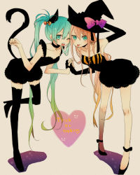 Rule 34 | 2girls, :p, animal ears, aqua eyes, aqua hair, bad id, bad pixiv id, black dress, cat ears, cat tail, dress, elbow gloves, gloves, holding hands, hat, hatsune miku, long hair, megurine luka, multiple girls, nico (pori pori pori), pink hair, smile, tail, thighhighs, tongue, tongue out, twintails, very long hair, vocaloid, witch, witch hat, zettai ryouiki