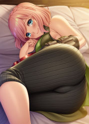 Rule 34 | 1girl, ass, bare shoulders, bed sheet, black gloves, black pants, blue eyes, blush, braid, breasts, closed mouth, crown braid, daiba canon, elbow gloves, feet out of frame, gloves, god eater, highres, looking at viewer, lying, medium breasts, on bed, on side, pants, pillow, pink hair, short hair, single glove, smile, solo, tight clothes, tight pants, trefoil, watanuki kaname