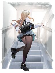 Rule 34 | 1girl, aqua skirt, asanaka yomogi, ass, bag, bag charm, black bag, black footwear, black pantyhose, blonde hair, buckle, character charm, character doll, charm (object), commentary request, from behind, green eyes, gridman universe, highres, indoors, charm (object), leg up, loafers, long hair, long sleeves, minami yume, nils, pantyhose, pleated skirt, school bag, school uniform, shirt, shoes, shoulder bag, skirt, solo, ssss.dynazenon, stairs, white shirt