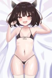 Rule 34 | 1girl, absurdres, bare arms, bare shoulders, bed sheet, bikini, black bikini, black hair, blush, fang, headgear, highres, looking at viewer, lying, navel, ody kishi, on back, open mouth, red eyes, short hair, smile, solo, swimsuit, thighhighs, touhoku kiritan, voiceroid, white thighhighs