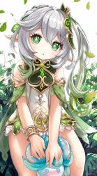 Rule 34 | 1girl, 1other, absurdres, blush, bracelet, braid, cape, character request, child, commentary request, comodomodo, detached sleeves, dress, genshin impact, gradient hair, green eyes, grey background, hair between eyes, hair ornament, head tilt, highres, jewelry, long hair, looking at viewer, multicolored hair, nahida (genshin impact), parted lips, plant, pointy ears, short sleeves, side ponytail, sidelocks, single braid, sitting, symbol-shaped pupils, white dress