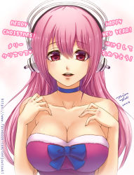 Rule 34 | 1girl, 2013, arms at sides, artist name, bare shoulders, breasts, choker, cleavage, collar, collarbone, dated, hair between eyes, hands up, happy new year, headphones, large breasts, long hair, looking at viewer, merry christmas, new year, nitroplus, open mouth, pink eyes, pink hair, santa costume, signature, smile, solo, super sonico, teeth, tenjou tsuki, upper body, watermark, web address