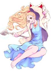 Rule 34 | 1girl, animal hood, barefoot, blonde hair, breasts, brown eyes, cat hood, dress, feet, final fantasy, final fantasy v, full body, highres, hood, jewelry, krile mayer baldesion (ff5), long hair, looking at viewer, open mouth, ponytail, simple background, smile, solo, umxzo, white background