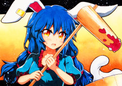 Rule 34 | 1girl, ambiguous red liquid, animal ears, bad id, bad pixiv id, blue dress, blue hair, dress, earclip, floppy ears, food, highres, kine, mallet, mochi, qqqrinkappp, rabbit ears, rabbit girl, red eyes, seiran (touhou), solo, touhou, traditional media