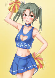 Rule 34 | 1girl, anti (untea9), blue skirt, blush, breasts, cheering, cheerleader, cleavage, cleavage cutout, clothes writing, clothing cutout, collarbone, cowboy shot, green eyes, green hair, hair between eyes, hair ribbon, heart cutout, highres, holding, holding pom poms, kantai collection, large breasts, long hair, medium breasts, navel, open mouth, pleated skirt, pom pom (cheerleading), pom poms, ribbon, skirt, solo, twintails, white ribbon, yellow background, zuikaku (kancolle)