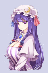 Rule 34 | absurdres, breasts, chest jewel, crescent, crescent hair ornament, crescent hat ornament, dress, hair ornament, hat, hat ornament, highres, large breasts, long dress, long hair, mob cap, patchouli knowledge, purple eyes, purple hair, raptor7, solo, striped clothes, striped dress, touhou, vertical-striped clothes, vertical-striped dress, very long hair