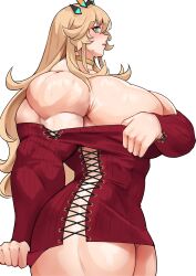 Rule 34 | 1girl, absurdres, alternate costume, ass, bare shoulders, blonde hair, blue eyes, blush, breasts, choker, curvy, dress, embarrassed, eyelashes, barghest (fate), fate/grand order, fate (series), female focus, hair ornament, highres, huge ass, huge breasts, long hair, long sleeves, looking at viewer, looking to the side, musctonk, muscular, muscular female, no bra, no panties, pulling clothes, red dress, revealing clothes, shiny skin, sideboob, simple background, solo, sweat, sweatdrop, thick thighs, thighs, tight clothes, tight dress, white background