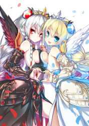 Rule 34 | 2girls, armor, black valkyrie (p&amp;d), black wings, blonde hair, blue eyes, blue valkyrie (p&amp;d), blush, breast press, breasts, dark valkyrie (p&amp;d), faulds, hair ornament, heart, heart hands, heart hands duo, hong (white spider), interlocked fingers, long hair, looking at viewer, multiple girls, open mouth, puzzle &amp; dragons, red eyes, silver hair, smile, symmetrical docking, tiara, valkyrie, valkyrie (p&amp;d), vambraces, very long hair, water valkyrie (p&amp;d), white wings, wings