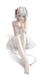 Rule 34 | 1girl, absurdres, ahoge, alternate costume, antennae, arknights, bare arms, bare shoulders, breasts, cleavage, dress, grey hair, hand up, highres, horns, looking at viewer, no shoes, pantyhose, red eyes, shenqi xiao hong zai nali, short dress, short hair, simple background, sitting, solo, strapless, strapless dress, tail, thighband pantyhose, w (arknights), white background, white dress, white pantyhose