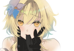 Rule 34 | 1girl, bare shoulders, black gloves, blonde hair, blush, feathers, flower, genshin impact, gloves, grabbing another&#039;s chin, hair flower, hair ornament, hand on another&#039;s chin, heart, heart-shaped pupils, long hair, looking at viewer, lumine (genshin impact), mouth hold, out of frame, portrait, pov, pov hands, simple background, solo focus, symbol-shaped pupils, tarou (you-0512), white background, yellow eyes