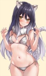 Rule 34 | 1girl, animal ear fluff, animal ears, bare shoulders, bikini, black hair, blush, breasts, brown background, capelet, fur capelet, gradient hair, highres, long hair, looking at viewer, marisasu (marisa0904), medium breasts, multicolored hair, navel, princess connect!, shiori (princess connect!), side-tie bikini bottom, simple background, solo, split mouth, string bikini, striped tail, swimsuit, tail, thighs, tiger ears, tiger girl, tiger tail, yellow background, yellow eyes