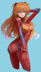 Rule 34 | 1girl, absurdres, arm behind head, arm up, ass, blue background, blue eyes, bodysuit, breasts, commentary request, curvy, hair ornament, highres, interface headset, kataku musou, long hair, long sleeves, looking at viewer, medium breasts, neon genesis evangelion, orange hair, parted lips, plugsuit, red bodysuit, shiny clothes, simple background, skin tight, solo, souryuu asuka langley, turtleneck, twisted torso, wide hips