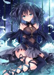 Rule 34 | 1girl, :o, aqua eyes, bare shoulders, barefoot, black dress, black hair, black ribbon, black thighhighs, breasts, cage, commentary request, detached sleeves, dress, feathers, hair between eyes, large breasts, long hair, long sleeves, looking at viewer, night, night sky, nogi takayoshi, original, parted lips, pleated sleeves, ribbon, single thighhigh, sitting, sky, solo, star (sky), starry sky, thighhighs, twintails