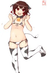 Rule 34 | 1girl, absurdres, alternate costume, animal ears, animal print, artist logo, belly, bikini, brown hair, clenched hands, commentary request, cow ears, cow horns, cow print, cow tail, cowboy shot, dated, fake animal ears, fake horns, front-tie top, gluteal fold, gradient hair, groin, highres, horns, kanon (kurogane knights), kantai collection, looking at viewer, lowleg, lowleg bikini, micro bikini, multicolored hair, mutsuki (kancolle), navel, one-hour drawing challenge, open mouth, red eyes, red hair, round teeth, short hair, side-tie bikini bottom, simple background, solo, swimsuit, tail, teeth, thighhighs, upper teeth only, white background, white bikini, white thighhighs
