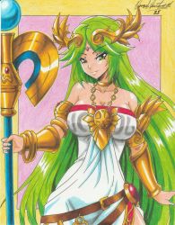 Rule 34 | 1girl, 2021, ancient greek clothes, armlet, artist name, bare shoulders, belt, breasts, chiton, cleavage, collar, dress, forehead jewel, gold, green eyes, green hair, highres, jewelry, kid icarus, kid icarus uprising, laurel crown, long hair, multiple belts, nintendo, palutena, parted bangs, pendant, ravernclouk design, side slit, solo, strapless, strapless dress, twitter username, vambraces, very long hair, white dress