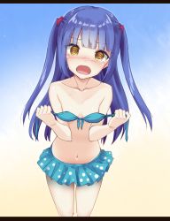 Rule 34 | 1girl, @ @, bare arms, bare shoulders, bikini, bikini skirt, blue bikini, blunt bangs, blush, breasts, collarbone, embarrassed, front-tie bikini top, front-tie top, gradient background, heavens thunder (byakuya-part2), leaning forward, legs apart, letterboxed, long hair, looking at viewer, navel, nose blush, original, pulled by self, small breasts, solo, standing, stomach, strap pull, strap slip, swimsuit, tearing up, tears, two side up, yellow eyes