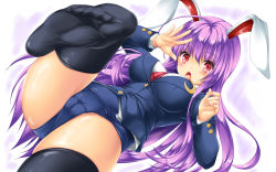 Rule 34 | 1girl, animal ears, blazer, blouse, blue one-piece swimsuit, blush, breasts, commission, crescent, crescent pin, gluteal fold, groin, highres, impossible clothes, jacket, kamiya tomoe, large breasts, light purple hair, long hair, looking at viewer, looking down, necktie, no pants, no shoes, one-piece swimsuit, open mouth, pixiv commission, purple hair, rabbit ears, rabbit girl, red eyes, red necktie, reisen udongein inaba, school swimsuit, shirt, soles, solo, swimsuit, swimsuit under clothes, touhou, very long hair