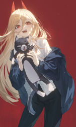 Rule 34 | 1girl, :d, absurdres, animal, black cat, black pants, blonde hair, blue jacket, cat, chainsaw man, cowboy shot, cross-shaped pupils, crosshair pupils, demon horns, hair between eyes, highres, holding, holding animal, holding cat, horns, jacket, long hair, long sleeves, looking at viewer, off shoulder, open mouth, pants, power (chainsaw man), red background, red eyes, red horns, sharp teeth, shirt, simple background, smile, solo, standing, symbol-shaped pupils, teeth, tuzhate, white shirt