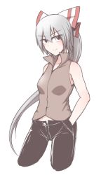 Rule 34 | 1girl, bow, cropped legs, fujiwara no mokou, hands in pockets, kuroba rapid, long hair, pants, red eyes, silver hair, simple background, sleeveless, solo, touhou, unbuttoned, very long hair, white background