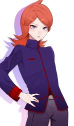 Rule 34 | 1boy, absurdres, bad id, bad pixiv id, belt buckle, black shirt, buckle, commentary request, cowboy shot, creatures (company), frown, game freak, hand on own hip, highres, jacket, long hair, long sleeves, looking at viewer, male focus, nintendo, okuro zmzm, orange hair, pants, parted bangs, parted lips, pokemon, pokemon hgss, purple eyes, purple jacket, shirt, silver (pokemon), solo