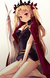 Rule 34 | 1girl, bare legs, barefoot, between breasts, blonde hair, blush, breasts, cape, commentary, covered erect nipples, earrings, ereshkigal (fate), fate/grand order, fate (series), gradient background, grey background, groin, hair ribbon, holding, holding weapon, jewelry, kneeling, long hair, looking at viewer, parted bangs, parted lips, polearm, red cape, red eyes, revision, ribbon, skull, small breasts, solo, spear, tiara, tohsaka rin, two side up, very long hair, weapon, white background, zen33n