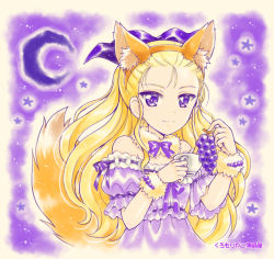 Rule 34 | 1girl, animal ears, artist name, assam (girls und panzer), bare shoulders, blonde hair, bow, bowtie, closed mouth, crescent moon, cup, dress, fake animal ears, fake tail, food, fox ears, fox tail, frilled sleeves, frills, fruit, fur collar, girls und panzer, grapes, hair pulled back, hair ribbon, halloween, holding, holding cup, holding food, kuromori yako, long hair, looking at viewer, moon, off-shoulder dress, off shoulder, purple background, purple bow, purple bowtie, purple dress, purple eyes, purple ribbon, purple theme, ribbon, short sleeves, smile, solo, tail, teacup, upper body, wristband
