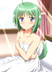 Rule 34 | 10s, 1girl, ahoge, animal ears, bed, bed sheet, blue eyes, blush, breasts, cleavage, diesel-turbo, dog days, dog ears, eclair martinozzi, green hair, pillow, sheet grab, short hair, solo, tail