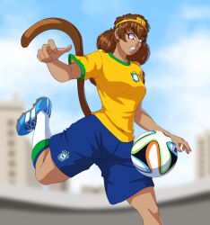 Rule 34 | 1girl, ball, blue footwear, blue shorts, blurry, blurry background, circlet, commentary, english commentary, highres, monkey tail, outdoors, shirt, short hair, short sleeves, shorts, soccer ball, soccer uniform, socks, solo, son biten, spookoarts, sportswear, tail, touhou, white socks, yellow shirt